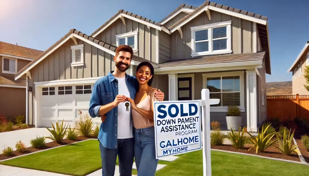 Happy couple standing outside their newly purchased home after receiving CalHFA MyHome 3.5% down payment assistance.