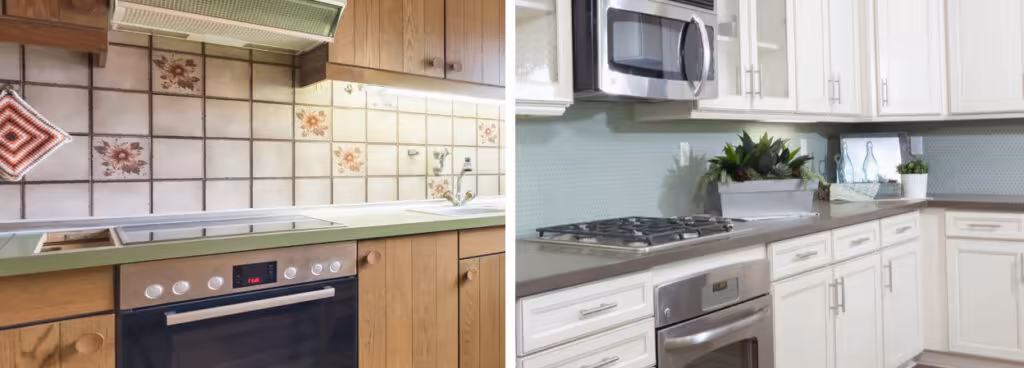 Before and after home prep transformation: dark, dated living room upgraded to a bright, modern living room.