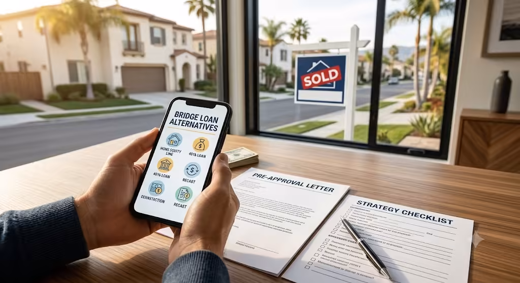 Homeowner exploring bridge loan alternatives on a smartphone with a house for sale in the background