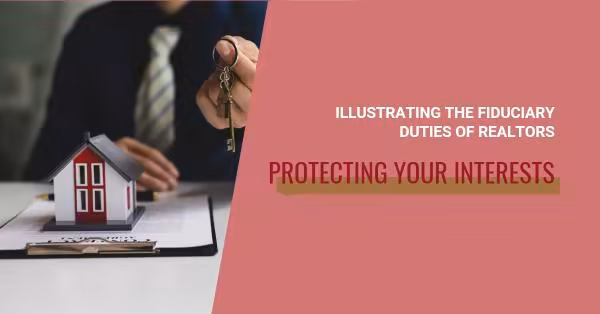 A real estate agent hands a house key to a male client sitting at a desk with a model house and contracts, representing the fiduciary duty agents owe their clients.