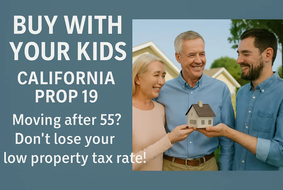 Smiling senior couple standing with their adult children in front of a California-style home, holding a miniature house together—symbolizing buying a home as a family under Prop 19 while preserving low property taxes.