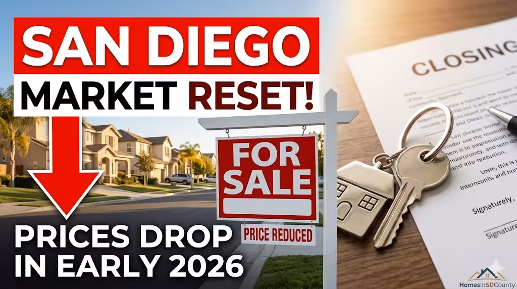 San Diego housing market update 2026 showing decreasing home prices, increased inventory 'For Sale' signs, and closing opportunities.