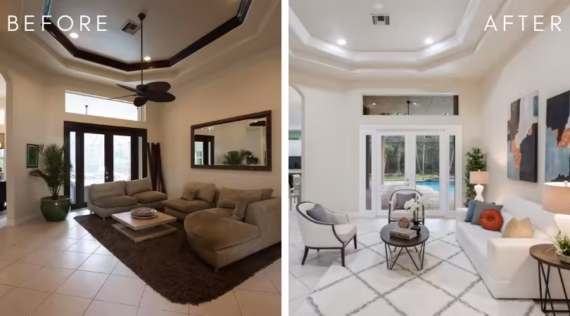 Before and after comparison of a living room home transformation: on the left, a darker room with brown furniture and traditional decor; on the right, a brightly lit, modern living room with fresh white walls, light-colored seating, and contemporary decor.