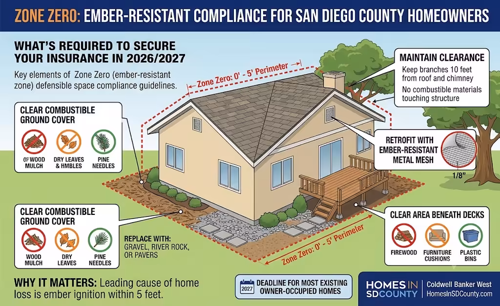 Zone Zero ember-resistant compliance infographic for San Diego County homeowners showing defensible space rules and 2027 deadlines.
