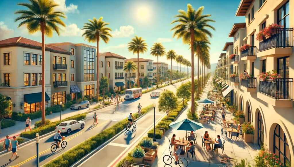 A sunny California street lined with palm trees, homes, and people engaging in outdoor activities, representing the welcoming California lifestyle.