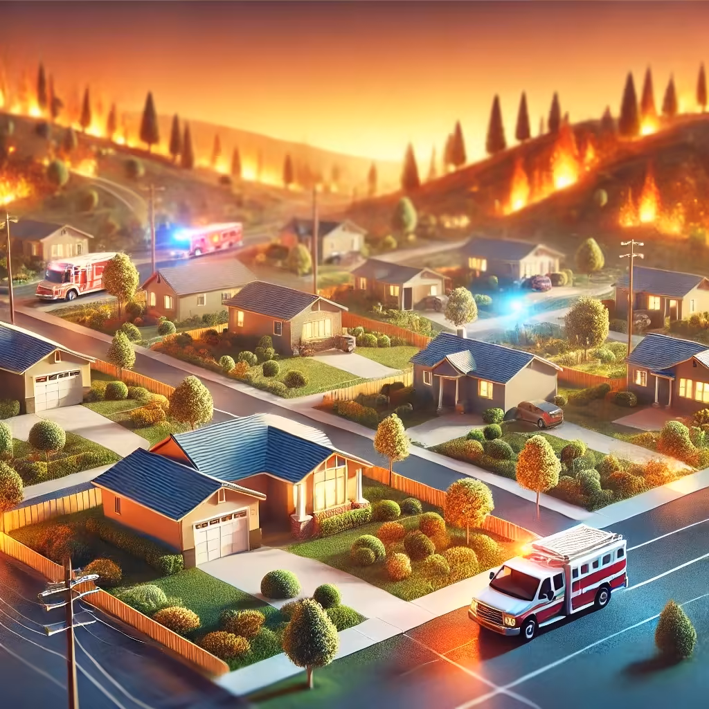 Illustration of a California wildfire landscape with a residential neighborhood in the foreground, surrounded by fire-resistant landscaping and emergency services in the background.