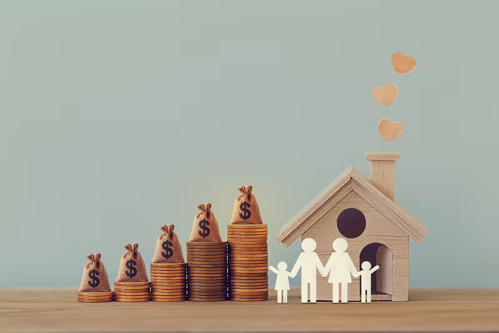 Mini house and heart, family members, US money bags on rows of rising coins on table. Family tax benefit, residential property tax concept: depicts home equity loan, real estate business investment.