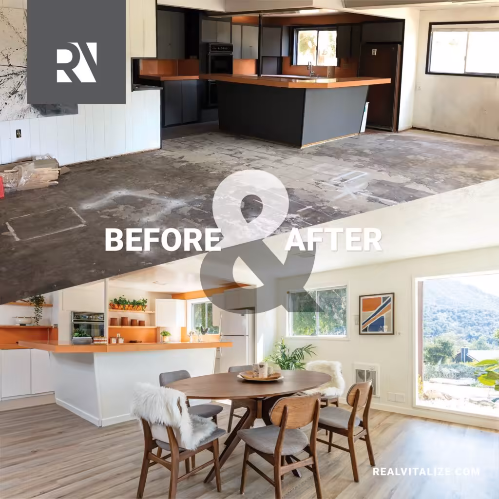 Before and after living room renovation showing a dark traditional living room transformed into a bright, modern, updated space.