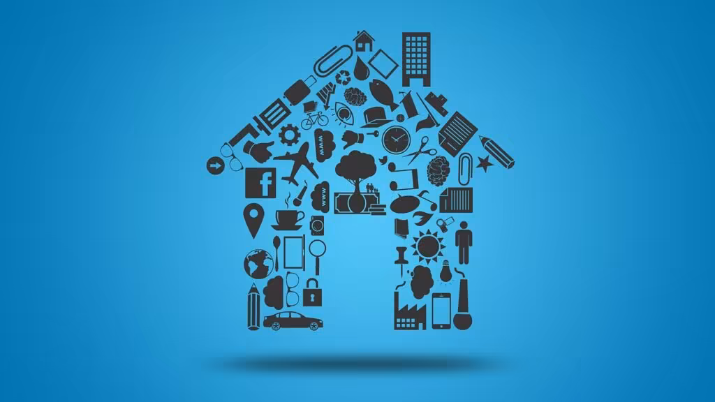 Collage of mini-pictures forming a house with airplane, social media icons, and trees, representing selling for new beginnings and adventures