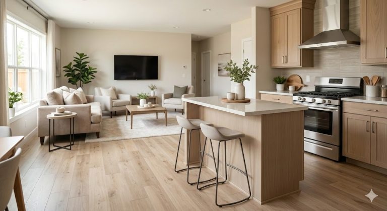 Open-concept modern manufactured home interior featuring a neutral-toned kitchen island and bright living room area with hardwood floors.